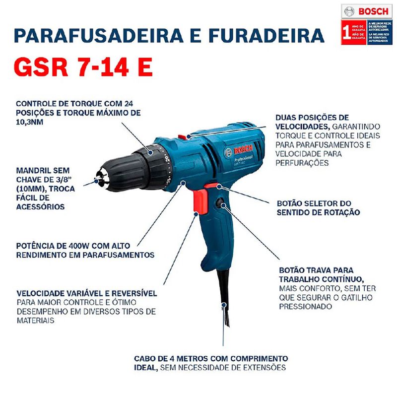 Parafusadeira/Furadeira Bosch GSR 7-14 E 400W com Bolsa 