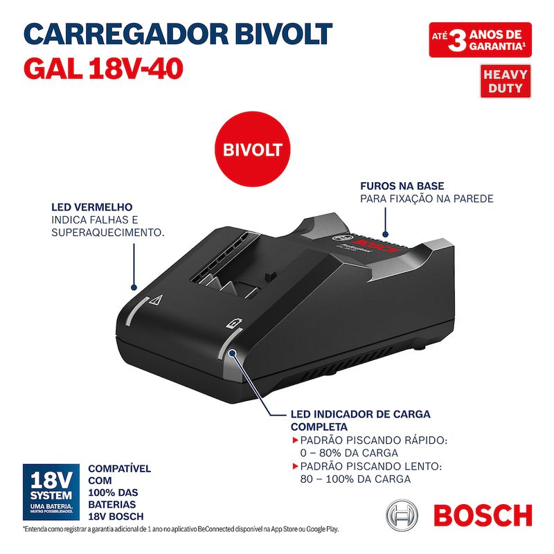 Carregador de Baterias Rápido GAL 18V-40 Bivolt 18V 4Ah - Bosch 