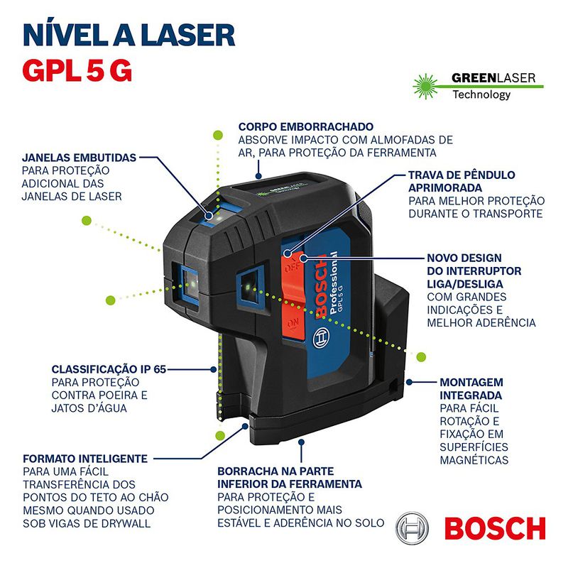 Nível a laser verde Bosch GPL 5 G de 5 pontos
