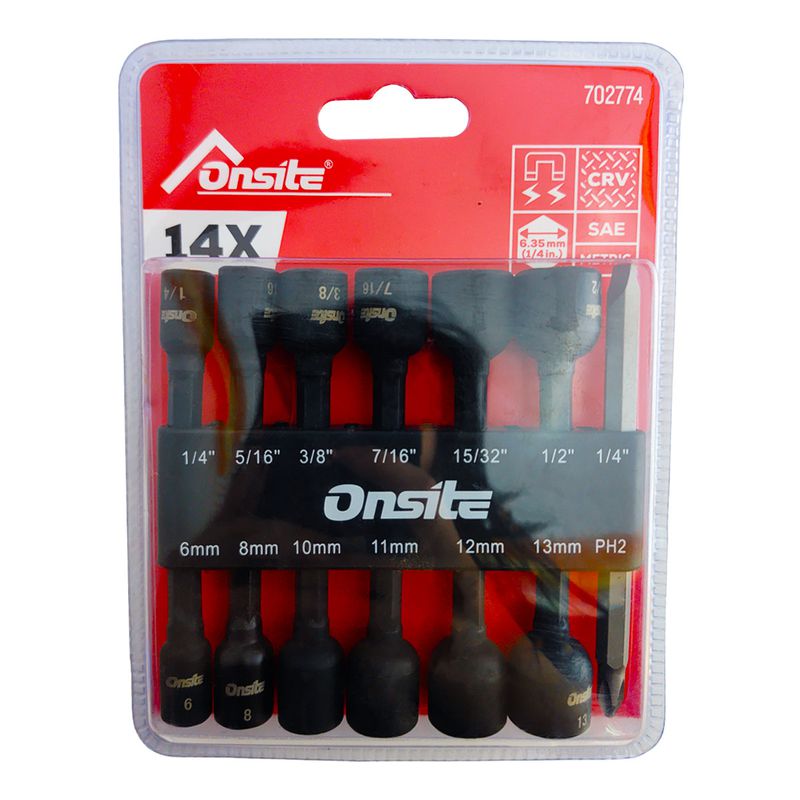 Jogo de Bits Canhão Impacto Magnético 1/4 á 1/2'' - 6 á 13mm - 14 Peças (702774) - Onsite