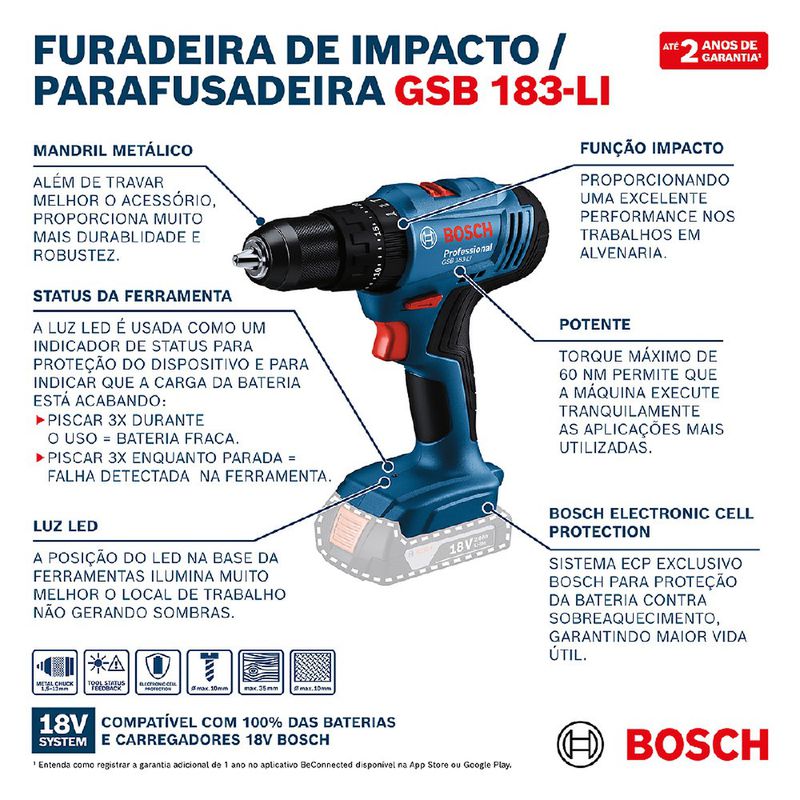 Furadeira e Parafusadeira de Impacto GSB 183-Li Com 2 Baterias e Carregador (06019K91E2) - Bosch