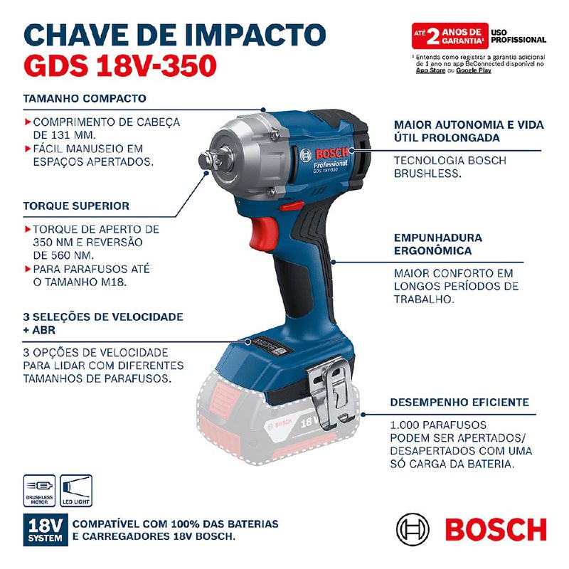 Chave de Impacto GDS 18V-350 Com Carregador e 2 Baterias (06019M50E1) - Bosch