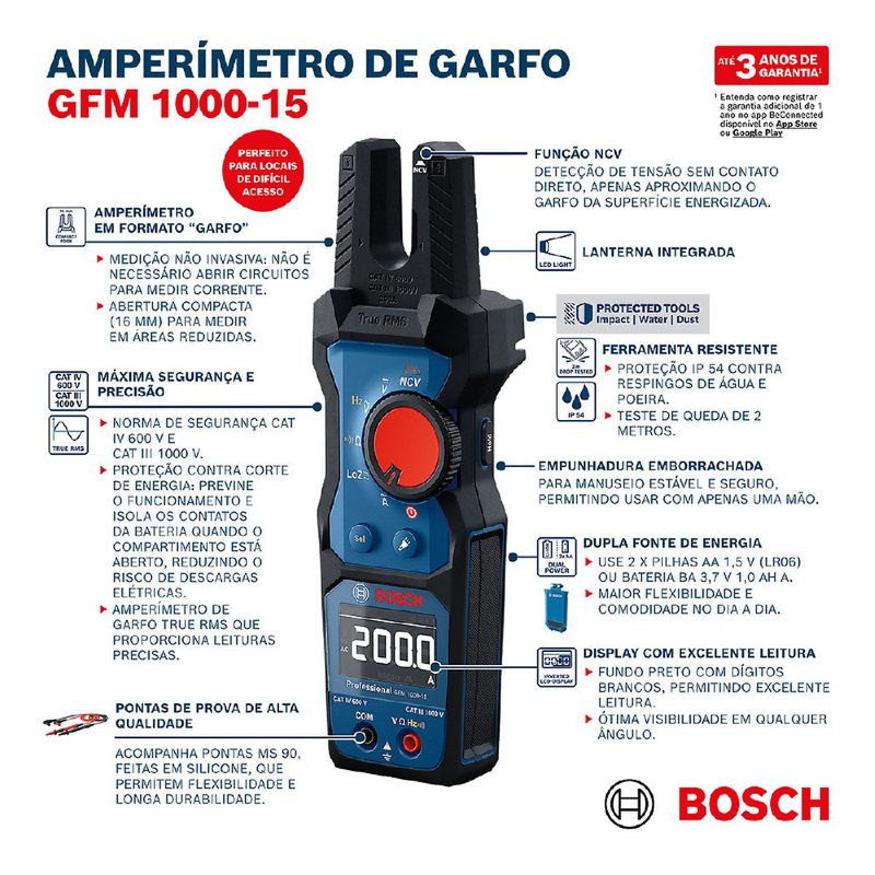 Amperímetro de Garfo TRMS - GFM 1000-15 (0601077400) - Bosch