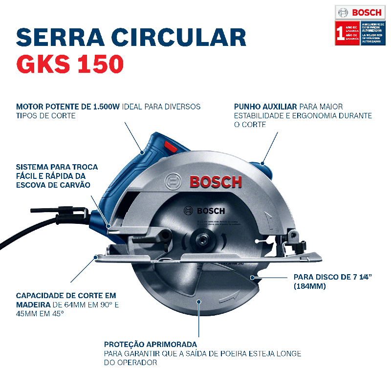 Serra Circular Bosch GKS 150 1500W com 1 Disco de serra e Guia paralelo