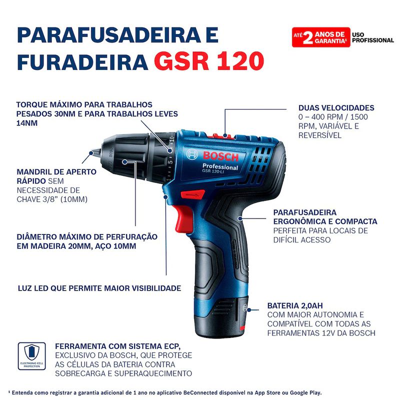Parafusadeira Furadeira Bosch GSR 120-LI 12V 2 Baterias e maleta