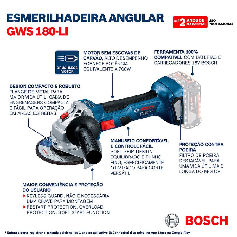 Esmerilhadeira a bateria Bosch GWS 180-LI Brushless 18V SB