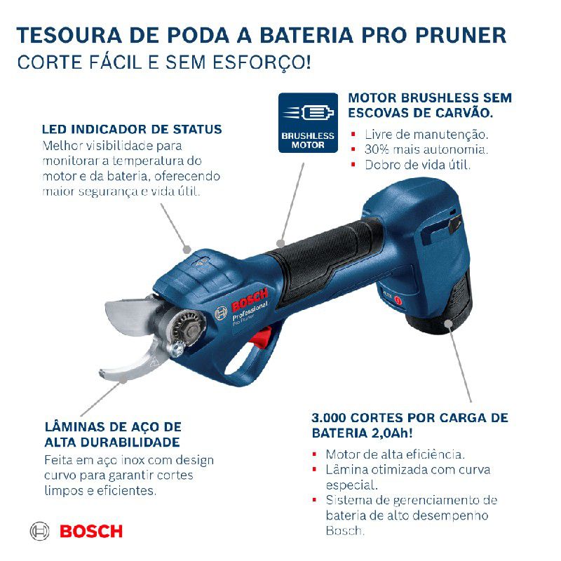 Tesoura de Poda a Bateria Pro Pruner BRUSHLESS 12V, 2 baterias, carregador e maleta - Bosch
