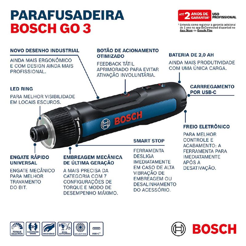  Parafusadeira a Bateria 3,6V Go3 Com 1 Ponta e Estojo (06019H22E0) - Bosch
