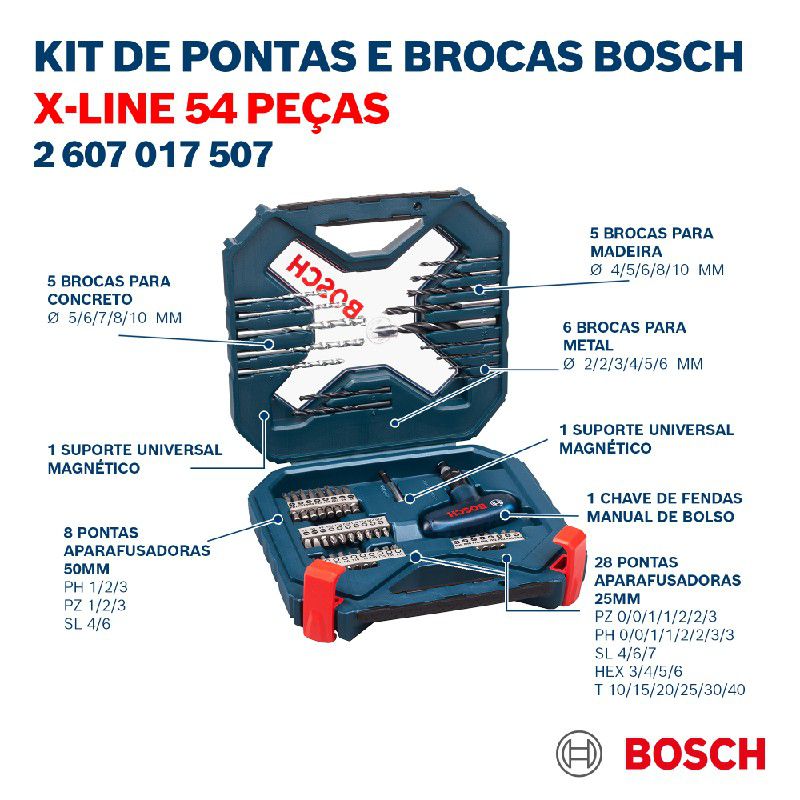 Kit de Pontas e Brocas Bosch X-Line 54 pçs