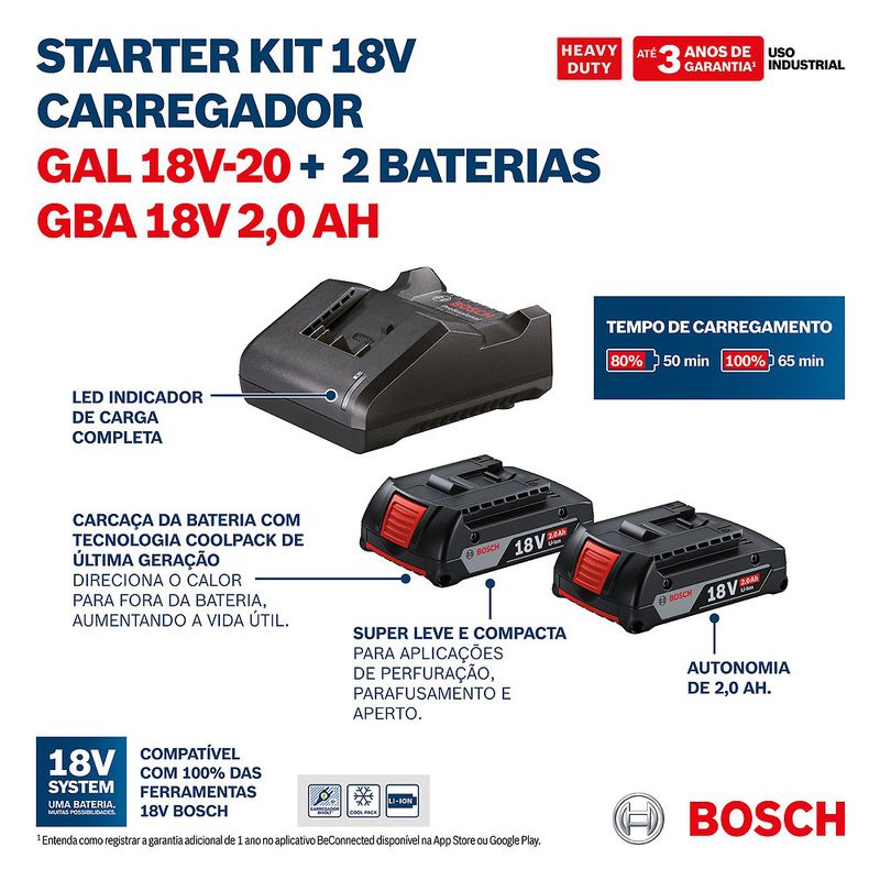 Kit 2 Baterias 18V 2,0 Ah + Carregador GAL 18V-20 Bivolt (1600A02RN1-000) - Bosch