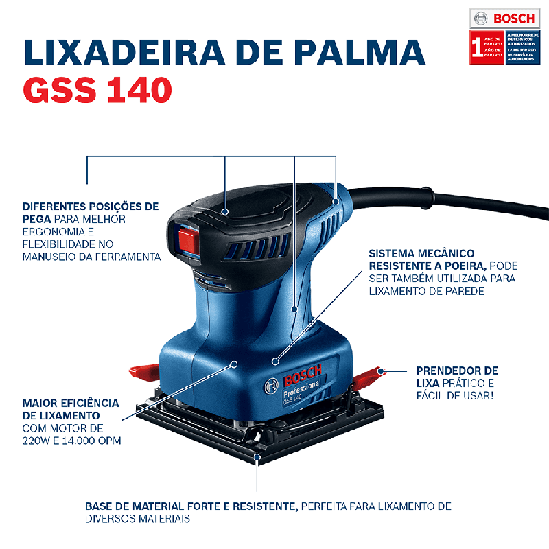 Lixadeira Orbital de Palma Bosch GSS 140 220W com 3 Lixas