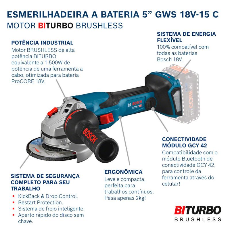 Esmerilhadeira à bateria Bosch GWS 18V-15 C, Brushless, 18V SB