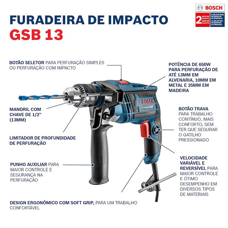 Furadeira de Impacto Bosch GSB 13 RE 650W, com 5 Brocas em Maleta