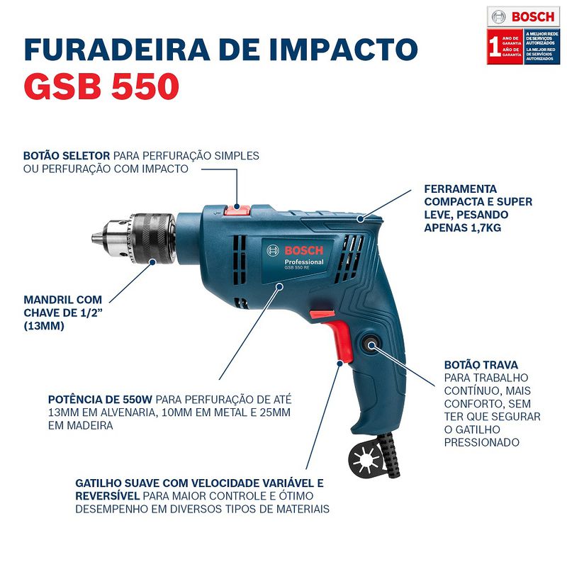 Furadeira de Impacto Bosch GSB 550 RE 550W