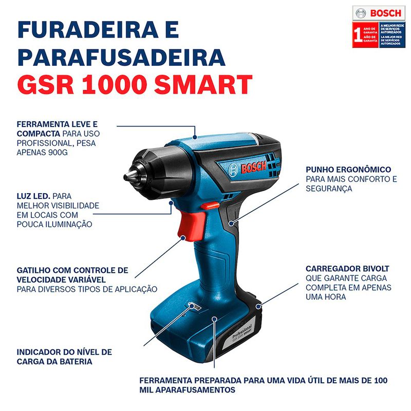 Parafusadeira Furadeira Bosch GSR 1000 Smart 12V 32 bits e maleta