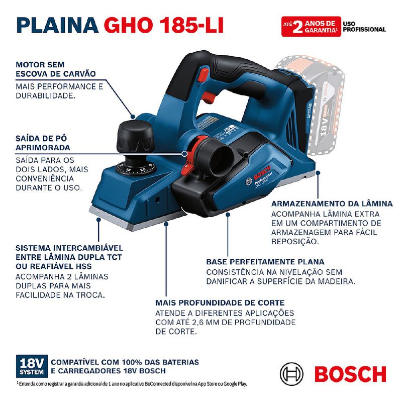 Plaina à Bateria 18V Brushless Com 2 Lâminas - SB (GHO 185 LI) - Bosch