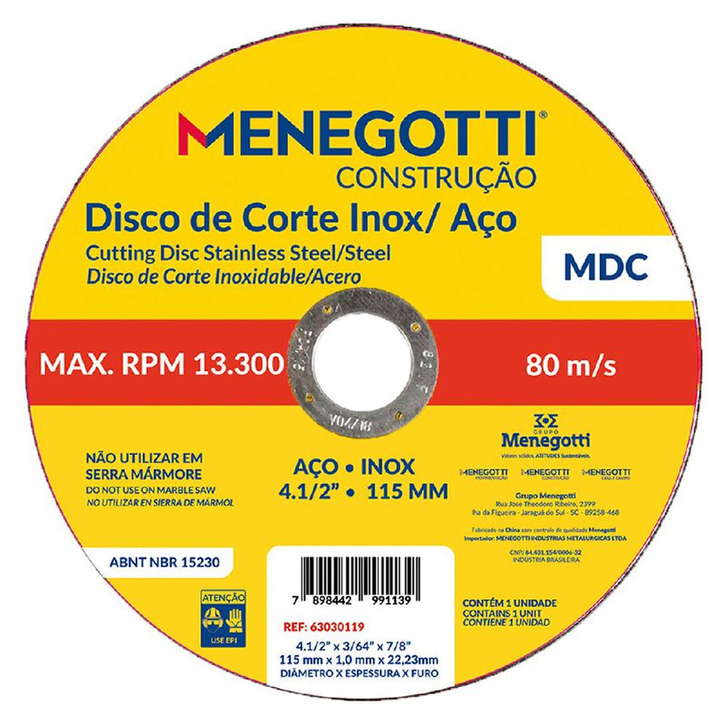 Disco de Corte Inox / Aço 115mm MDC (63030119) - Menegotti