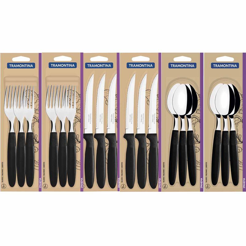 Jogo de Garfos, Facas e Colheres Ipanema Preto Com 18 Unidades - Tramontina