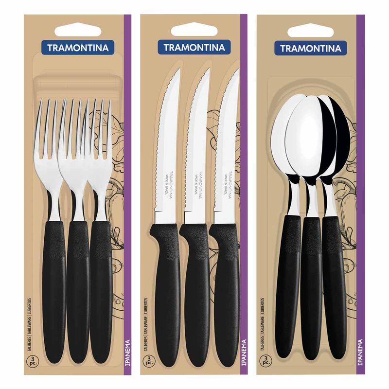 Jogo de Garfos, Facas e Colheres Ipanema Preto Com 9 Unidades - Tramontina