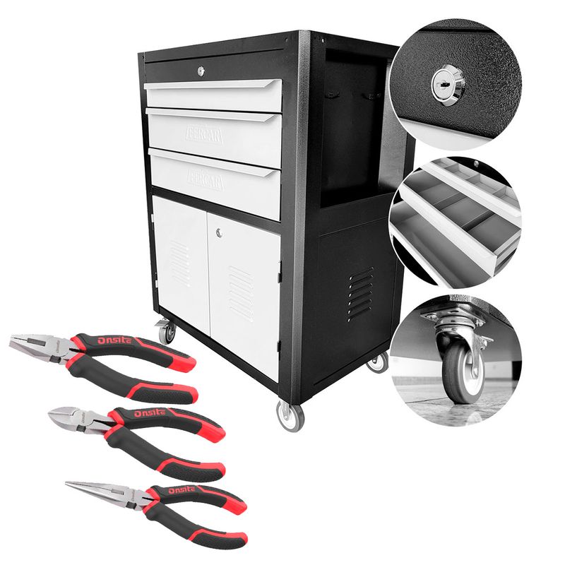 Carrinho Para Ferramentas Preto Com 3 Gavetas + Jogo de Alicates 3 Peças - Fercar