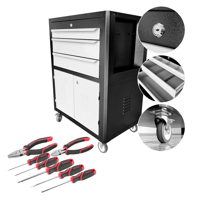 Carrinho Para Ferramentas Preto Com 3 Gavetas + Jogo de Ferramentas 7 Peças - Fercar