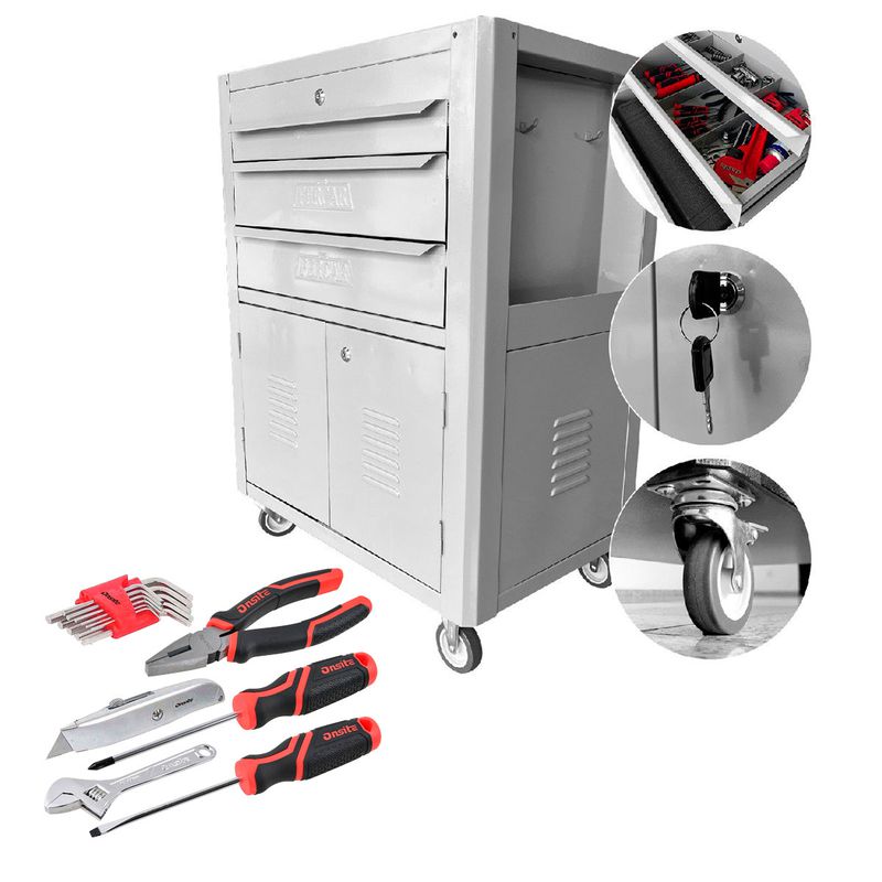 Carrinho Para Ferramentas Cinza Com 3 Gavetas + Jogo de Ferramentas 16 Peças - Fercar,
