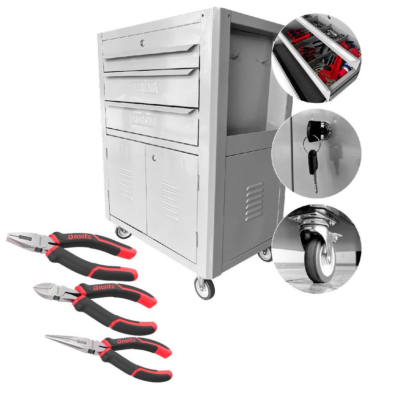Carrinho Para Ferramentas Cinza Com 3 Gavetas + Jogo de Alicates 3 Peças - Fercar