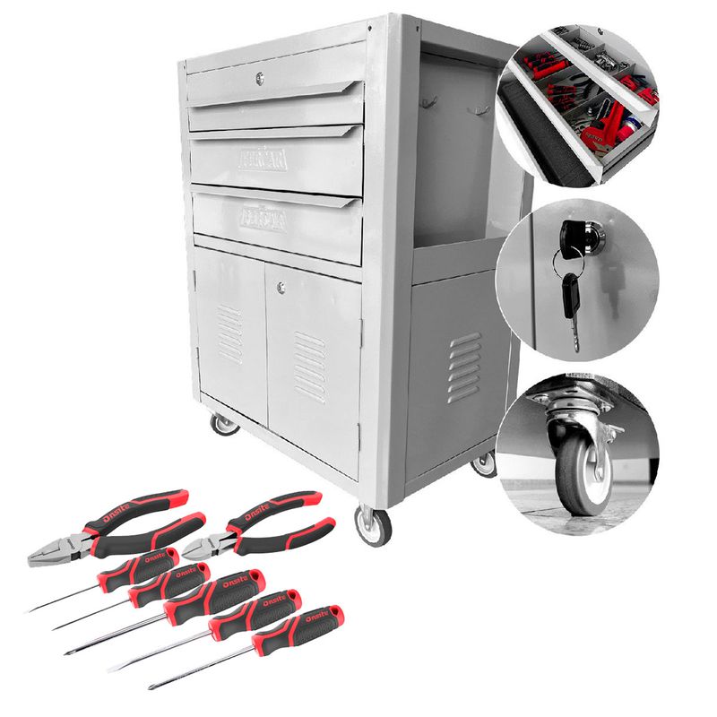 Carrinho Para Ferramentas Cinza Com 3 Gavetas + Jogo de Ferramentas 7 Peças - Fercar