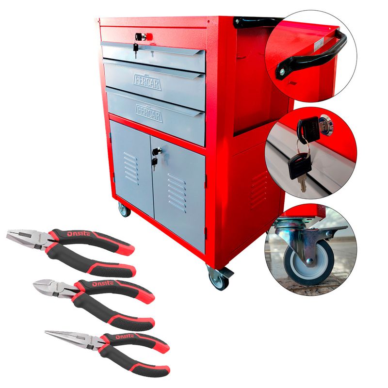 Carrinho Para Ferramentas Vermelho Com 3 Gavetas + Jogo de Alicates 3 Peças - Ferca
