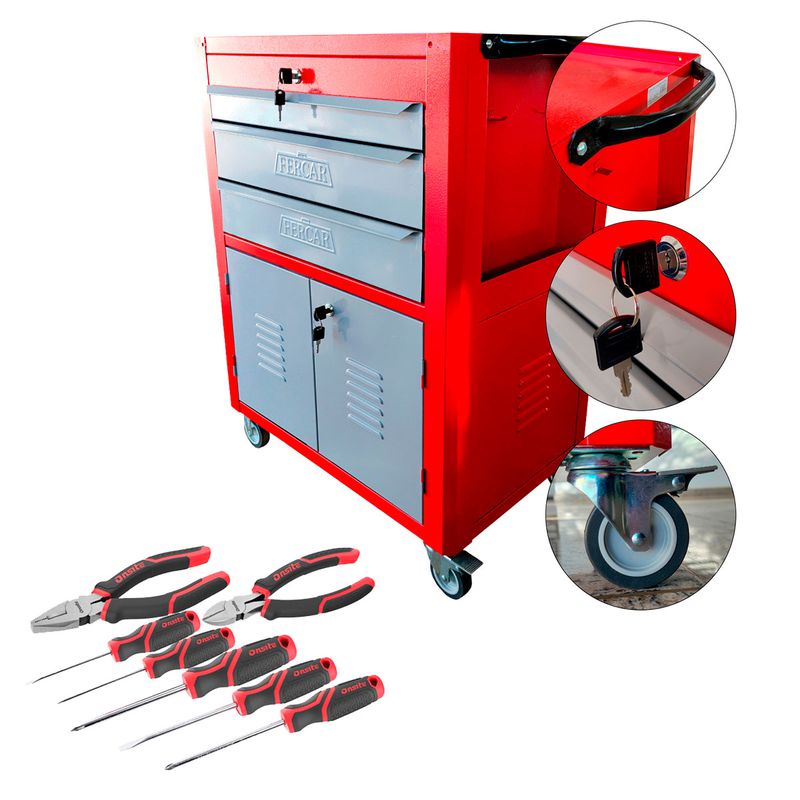 Carrinho Para Ferramentas Vermelho Com 3 Gavetas + Jogo de Ferramentas 7 Peças - Fercar