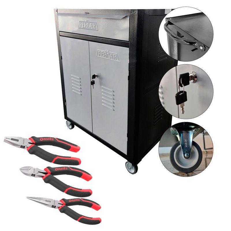 Carrinho Para Ferramentas Preto Com 1 Gaveta + Jogo de Alicates 3 Peças - Fercar