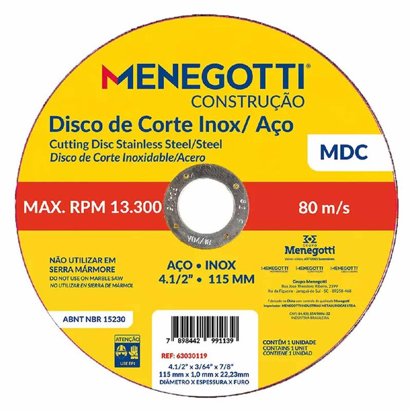 Disco de Corte Inox / Aço 115mm Com 10 Unidades MDC (63030119) - Menegotti