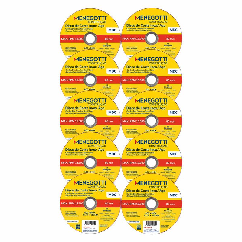 Disco de Corte Inox / Aço 115mm Com 10 Unidades MDC (63030119) - Menegotti