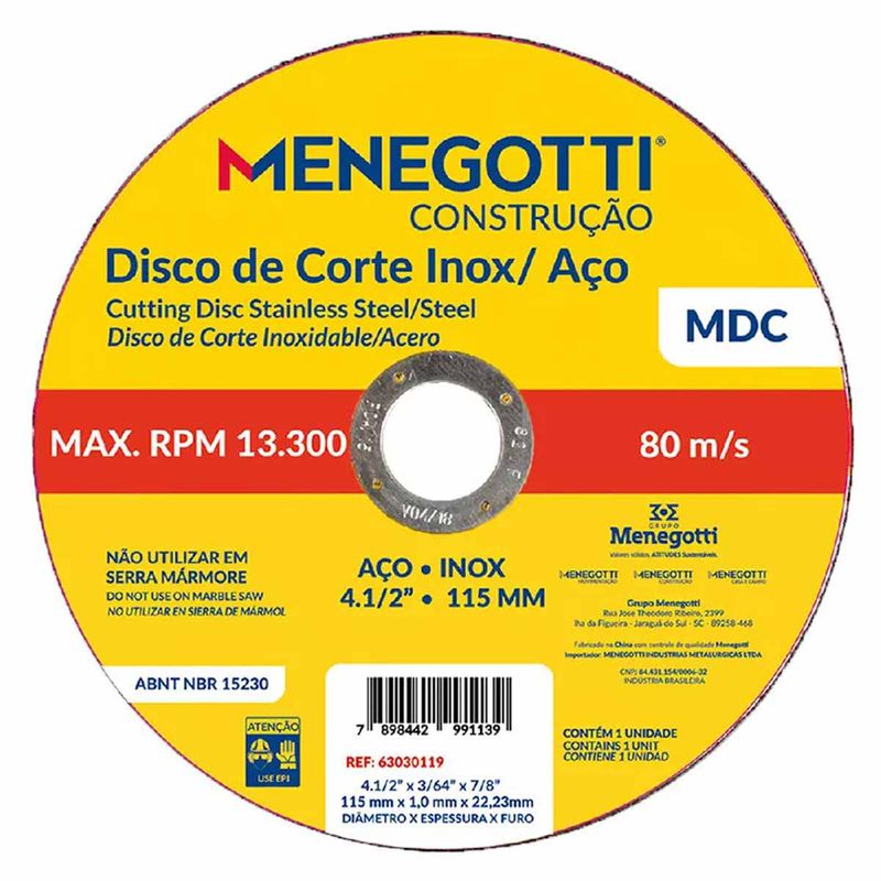 Disco de Corte Inox / Aço 115mm Com 50 Unidades MDC (63030119) - Menegotti