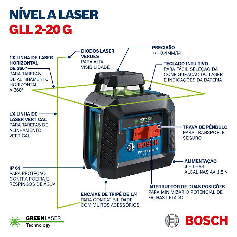 Nível Laser Verde de Linhas Cruzadas GLL 2-20G 10m - Bosch 
