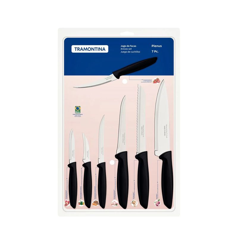 Jogo de Facas Plenus em Inox e Cabo de Polipropileno Preto 7 Peças - Tramontina 
