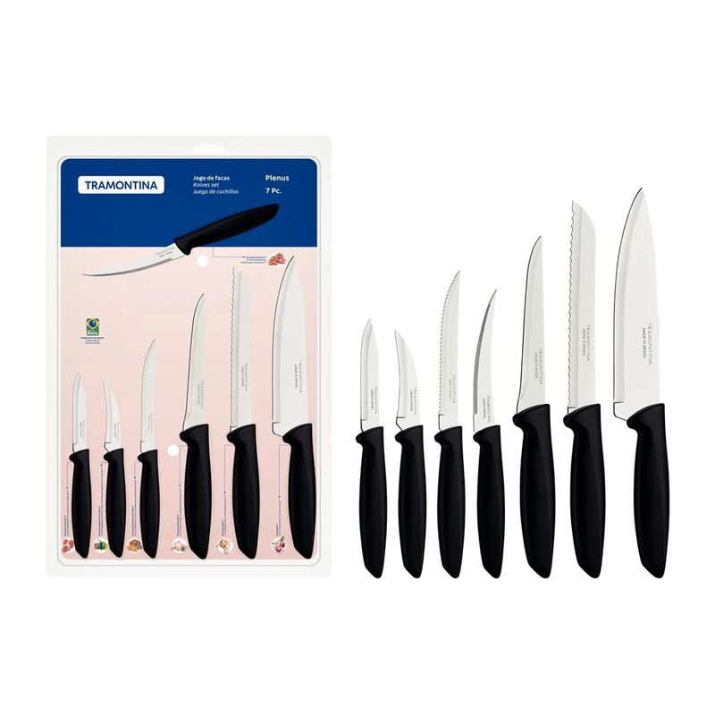 Jogo de Facas Plenus em Inox e Cabo de Polipropileno Preto 7 Peças - Tramontina 