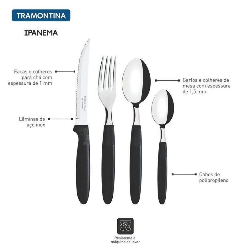 Faqueiro Ipanema em Aço Inox e Cabos de Polipropileno Preto 24 Peças - Tramontina 