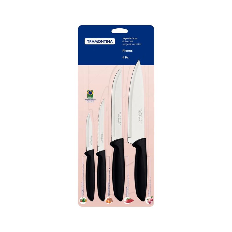 Jogo de Facas Plenus em Inox e Cabo de Polipropileno Preto 4 Peças - Tramontina 