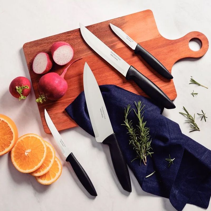 Jogo de Facas Plenus em Inox e Cabo de Polipropileno Preto 4 Peças - Tramontina 