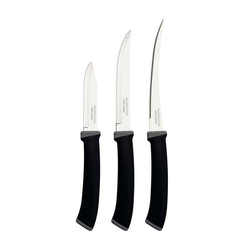 Jogo de Facas Felice em Inox e Cabos em Polipropileno Preto 3 Peças - Tramontina 