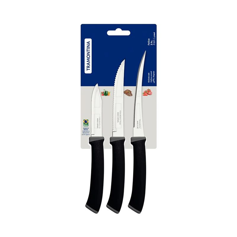 Jogo de Facas Felice em Inox e Cabos em Polipropileno Preto 3 Peças - Tramontina 