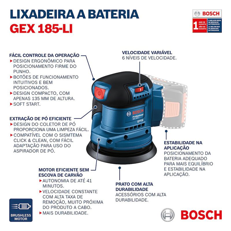 Lixadeira roto orbital à bateria Bosch GEX 185-LI, 18V SB Brushless