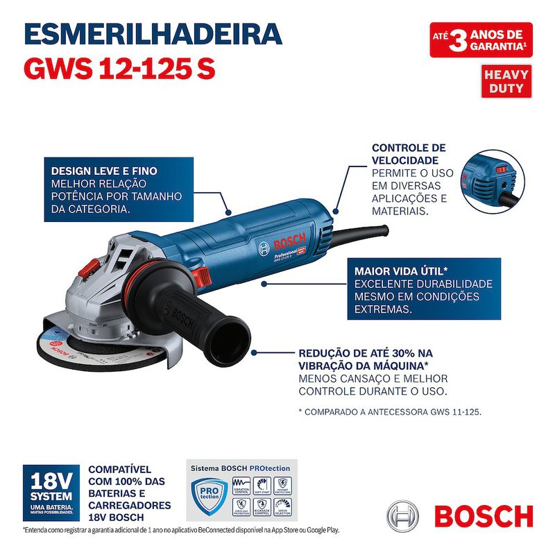 Esmerilhadeira Angular 5'' GWS 12-125 S 1200W 220V - Bosch