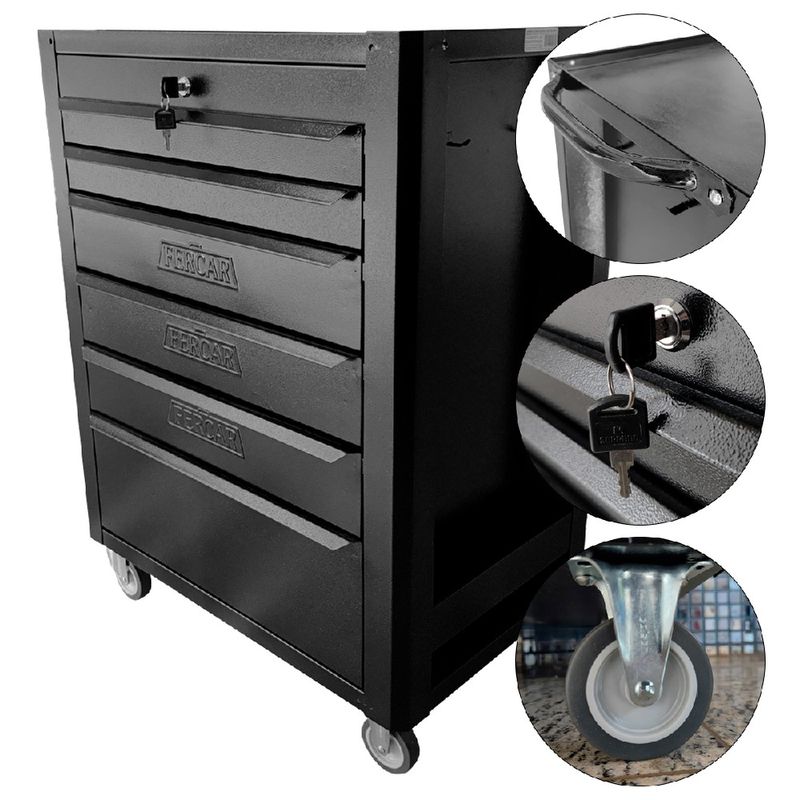 Carrinho Para Ferramentas Fechado Com 6 Gavetas Todo Preto (C08) - Fercar