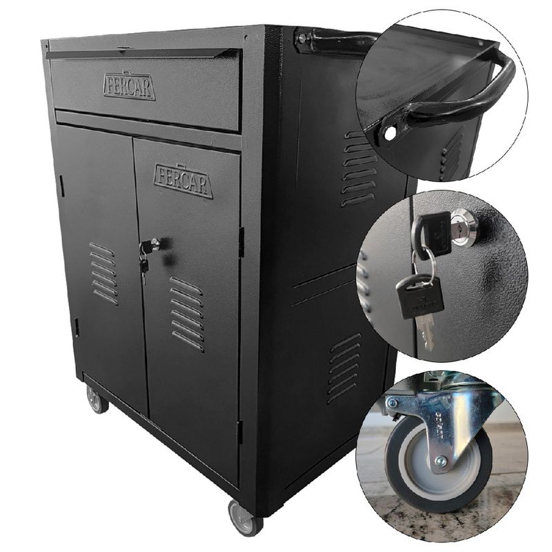 Carrinho Para Ferramentas Fechado Com 1 Gaveta Todo Preto (C07) - Fercar