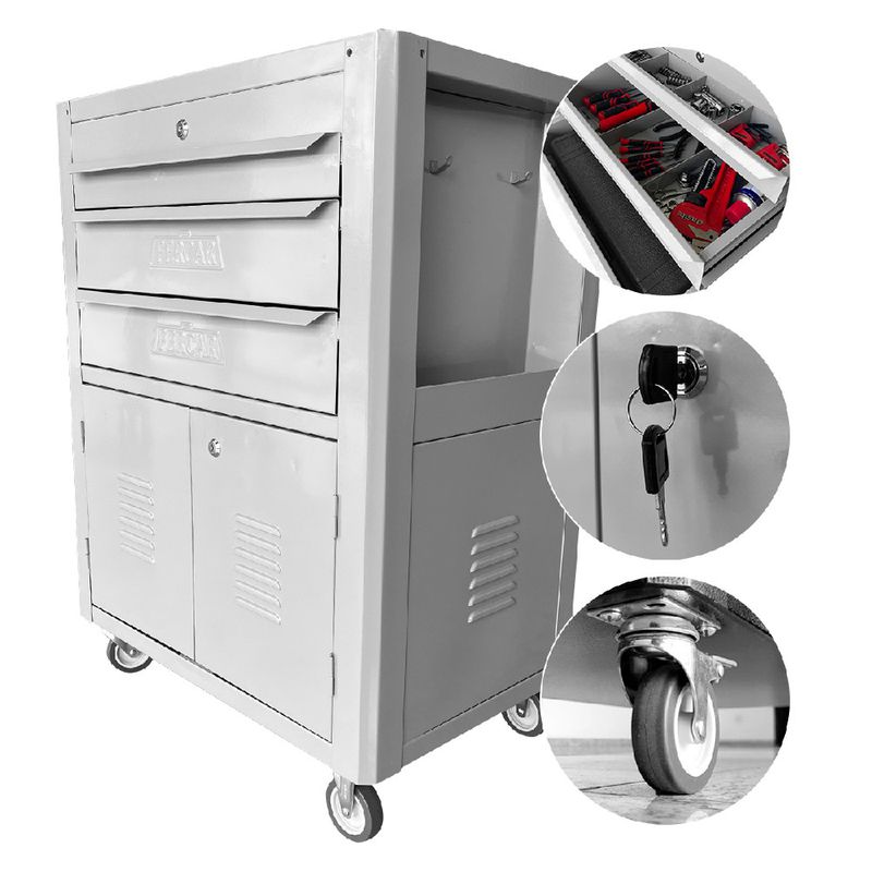 Carrinho Para Ferramentas Fechado Com 3 Gavetas Cinza (C06) - Fercar