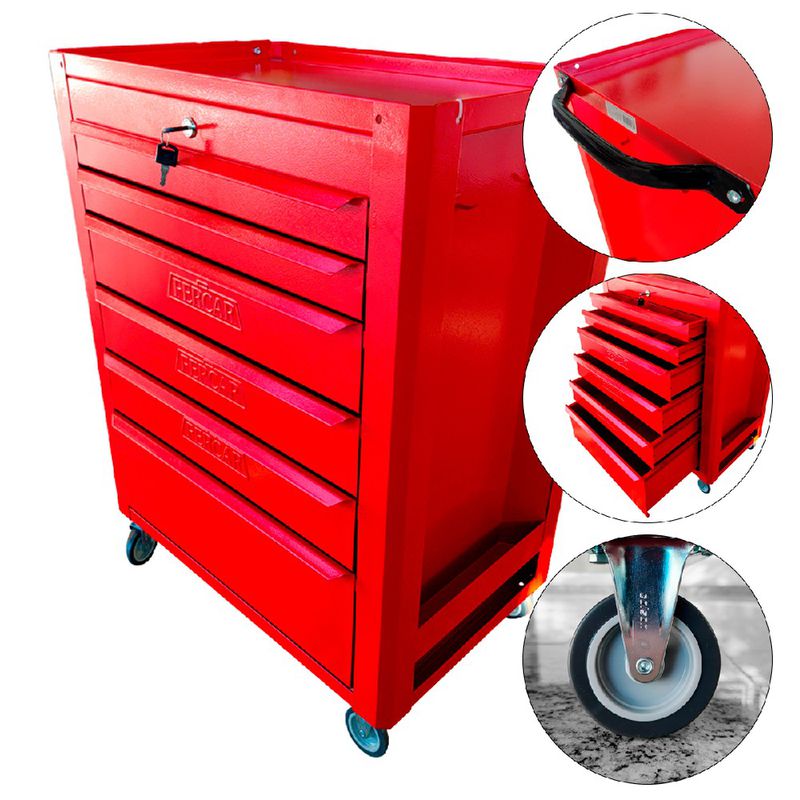 Carrinho Para Ferramentas Fechado Com 6 Gavetas Todo Vermelho (C08) - Fercar
