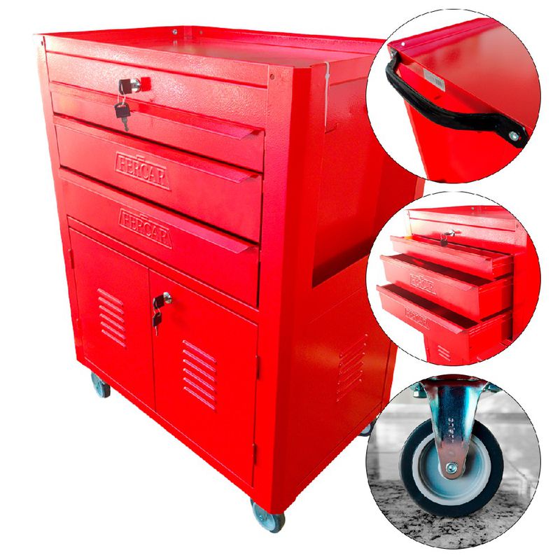 Carrinho Para Ferramentas Fechado Com 3 Gavetas Todo Vermelho (C06) - Fercar