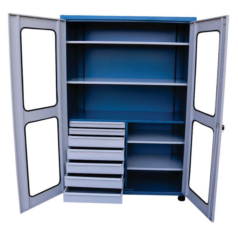 Armário Fechado Com Visor de Vidro, 5 Gavetas e 7 Prateleiras Azul (1519) - Fercar